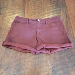 American Eagle Midi Denim Shorts Womens Size 2 Burgundy Super Stretch Rolled Hem
